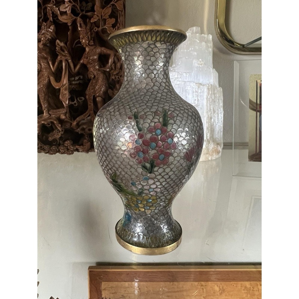 Vintage Cloisonne Enamel Floral Vase Silver Fish Scale Pattern Turquoise Base 5" - Picture 3 of 11